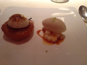 Poached pear in caramel, liquorice and vanilla